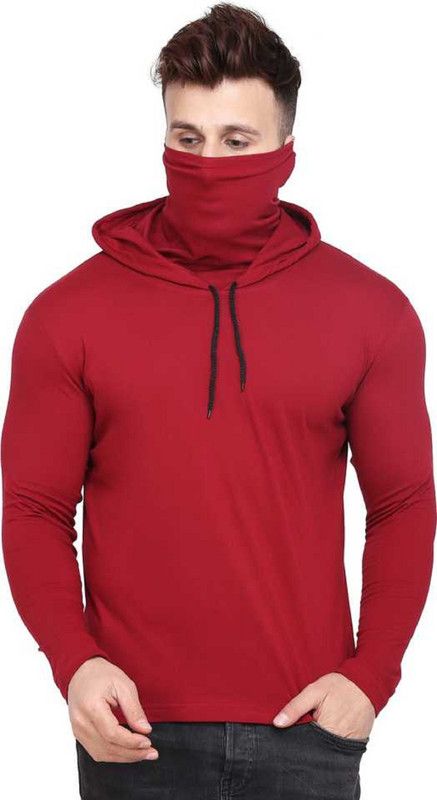 Men Solid Hooded Neck Poly Cotton Red T-Shirt