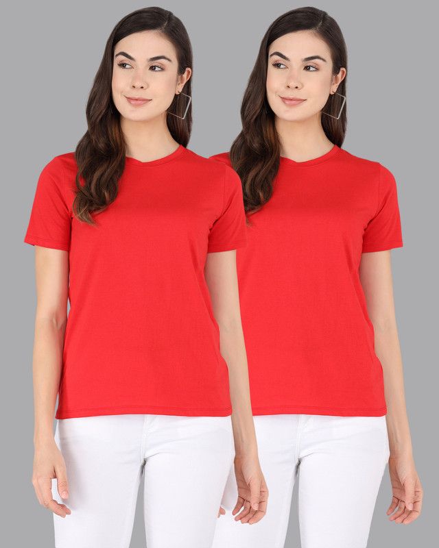 Pack of 2 Women Solid Round Neck Pure Cotton Red T-Shirt
