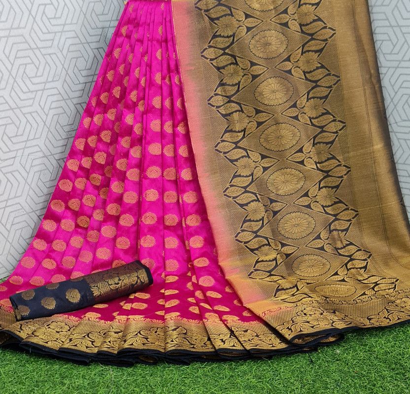 Woven Kanjivaram Jacquard, Cotton Silk Saree  (Dark Blue)