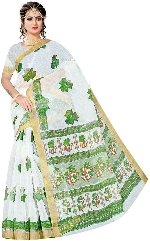 Floral Print Gadwal Cotton Blend Saree  (Green)