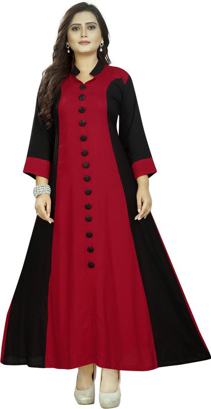 Applique, Solid Crepe Stitched Flared/A-line Gown  (Red, Black)