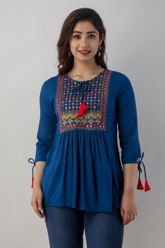 Casual Regular Sleeves Embroidered Women Light Blue Top