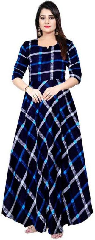 Checkered Rayon Blend Stitched Flared/A-line Gown  (Dark Blue, White, Blue)