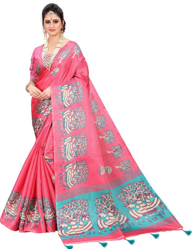Printed, Animal Print, Floral Print Bollywood Cotton Silk Saree  (Pink)