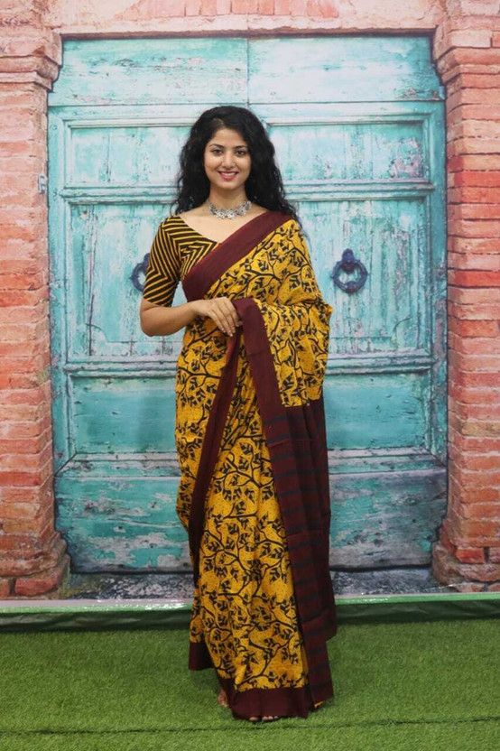 Printed, Blocked Printed, Floral Print, Dyed Daily Wear Pure Cotton Saree  (Yellow)