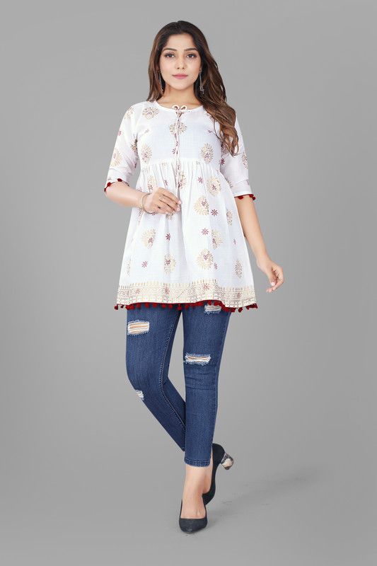 Women Self Design Pure Cotton Straight Kurta  (White)
