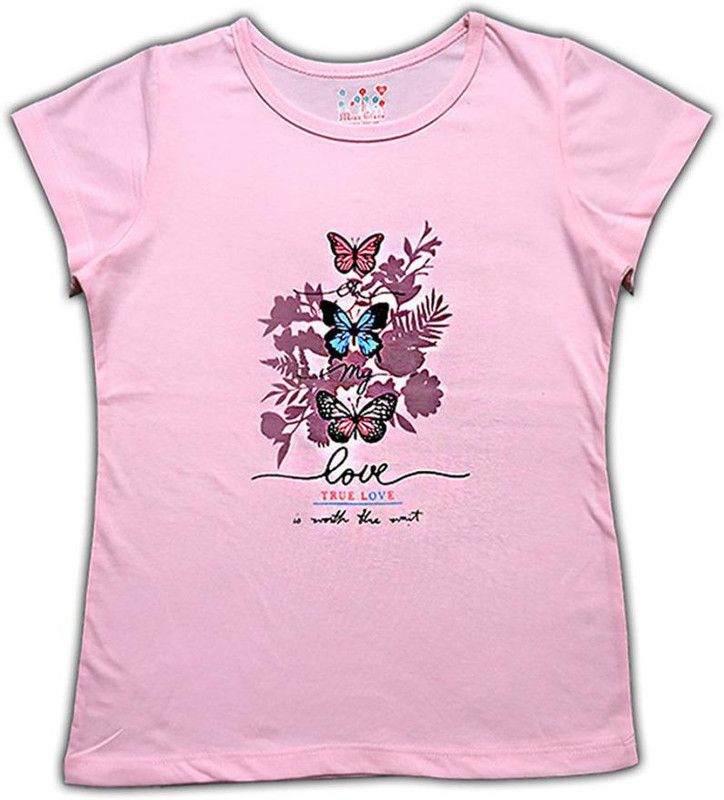 Girls Printed Polycotton T Shirt  (Pink, Pack of 1)