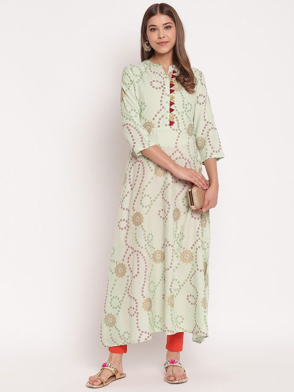 Women Self Design, Printed, Floral Print Viscose Rayon A-line Kurta  (Red, Green, Light Green)