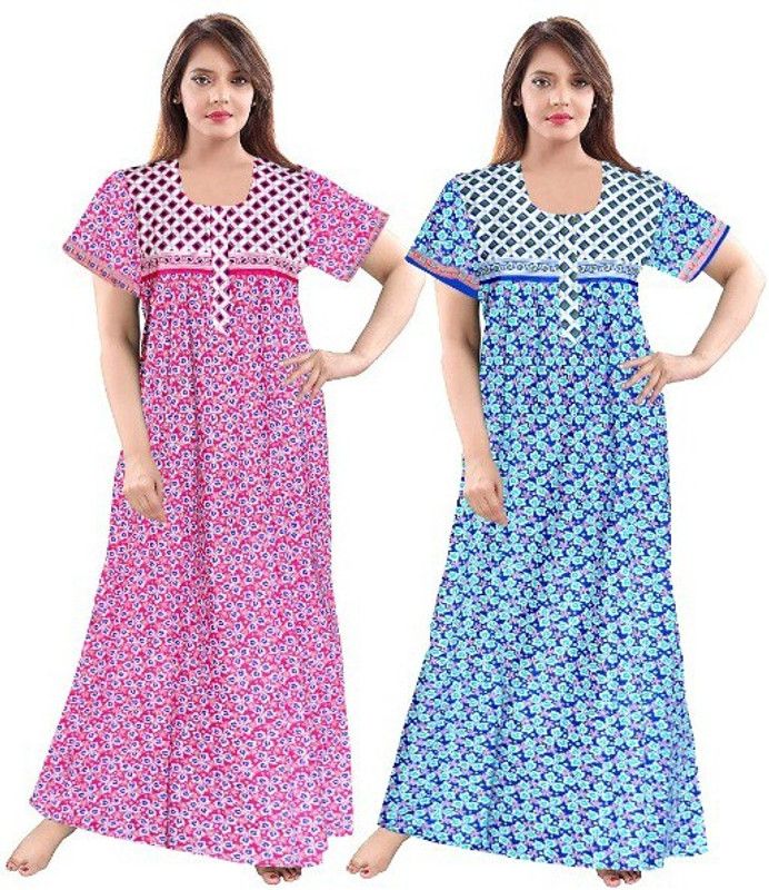Pack of 2 Women Nighty Set  (Pink, Blue)