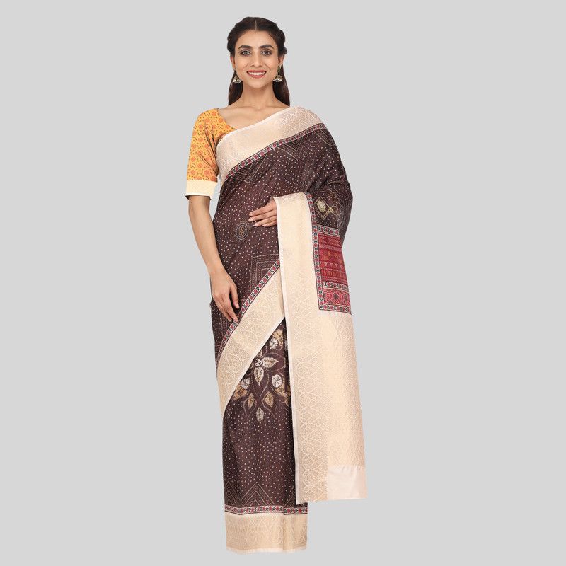 Printed Banarasi Art Silk Saree  (Brown)
