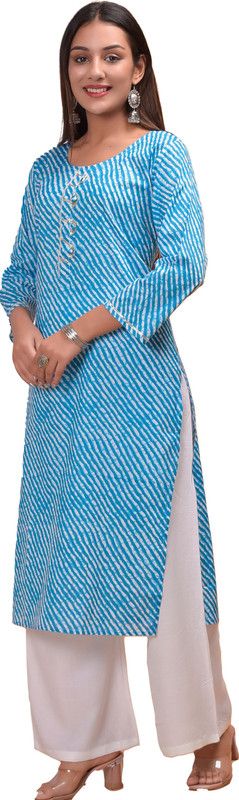 Women Leheriya Viscose Rayon Straight Kurta  (Blue)
