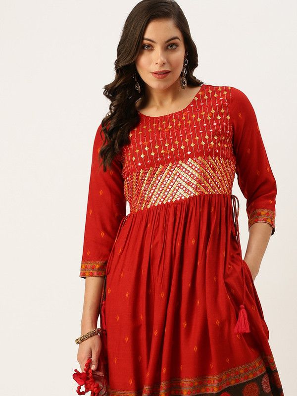 Women Printed Cotton Blend A-line Kurta  (Orange)