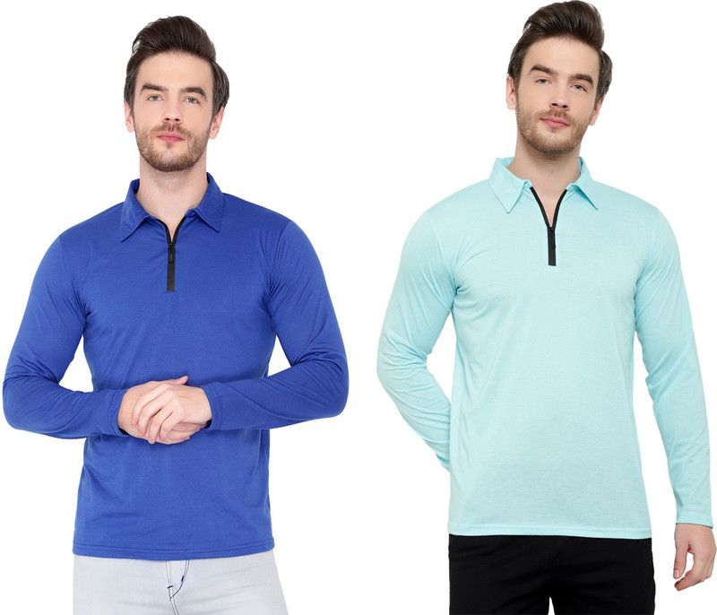 Pack of 2 Men Solid Polo Neck Cotton Blend Blue T-Shirt