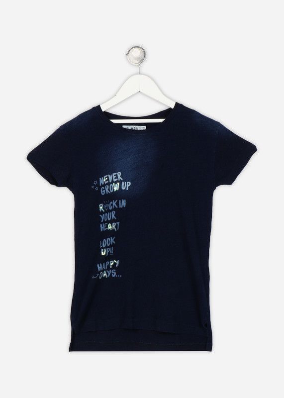 Girls Embroidered Cotton Blend T Shirt  (Blue, Pack of 1)