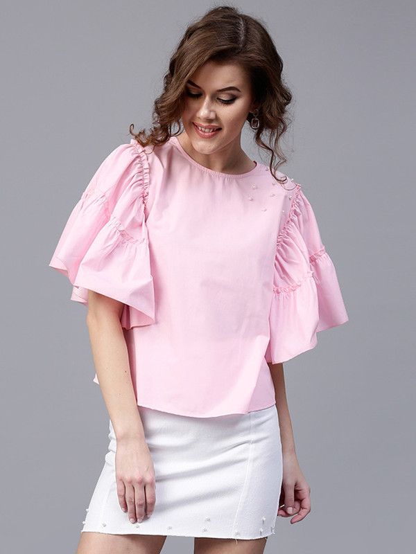 Casual Kimono Sleeves Embellished Women Pink Top