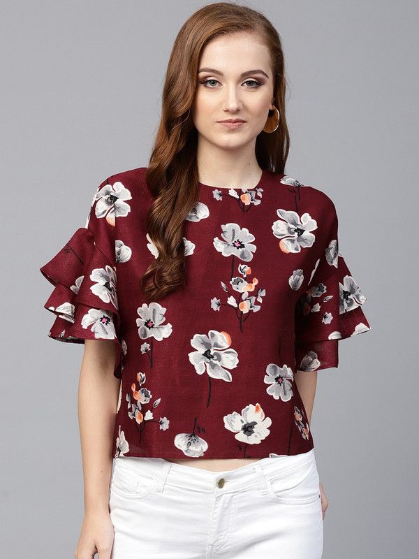 Casual Ruffled Sleeves Floral Print Women White, Maroon, Black Top