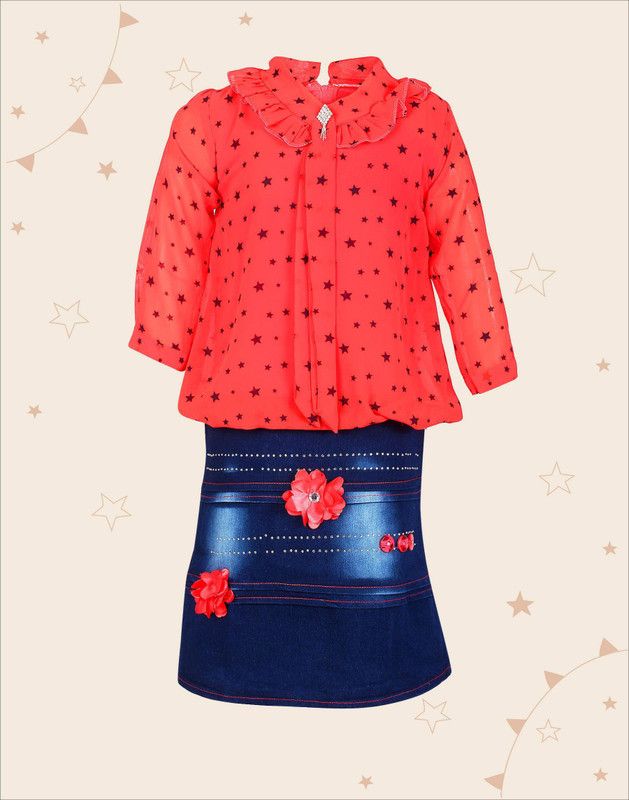Girls Midi/Knee Length Party Dress  (Red, 3/4 Sleeve)
