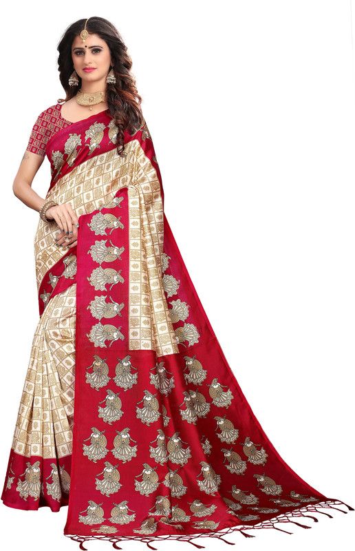 Printed Bollywood Silk Blend, Cotton Silk Saree  (Red, Beige)