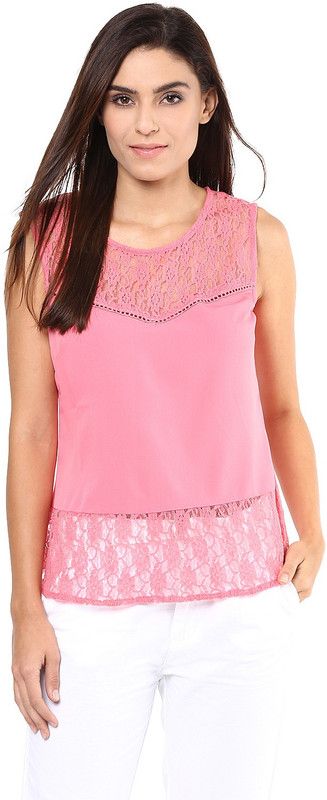 Party Sleeveless Self Design Women Pink Top