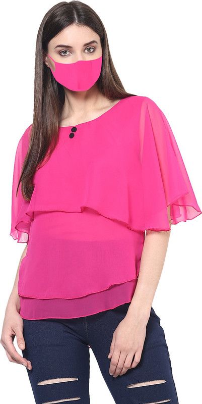 Party Regular Sleeves Self Design Women Pink Top With Mask