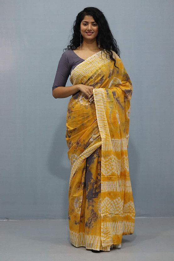 Blocked Printed, Color Block, Dyed, Floral Print, Printed Daily Wear Pure Cotton Saree  (Mustard)