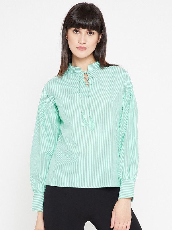 Casual Cuffed Sleeves Striped Women Green Top