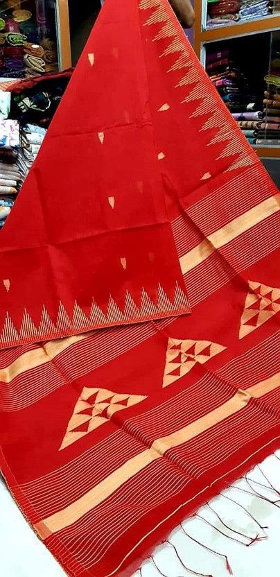 Printed Tant Cotton Silk Saree  (Red)