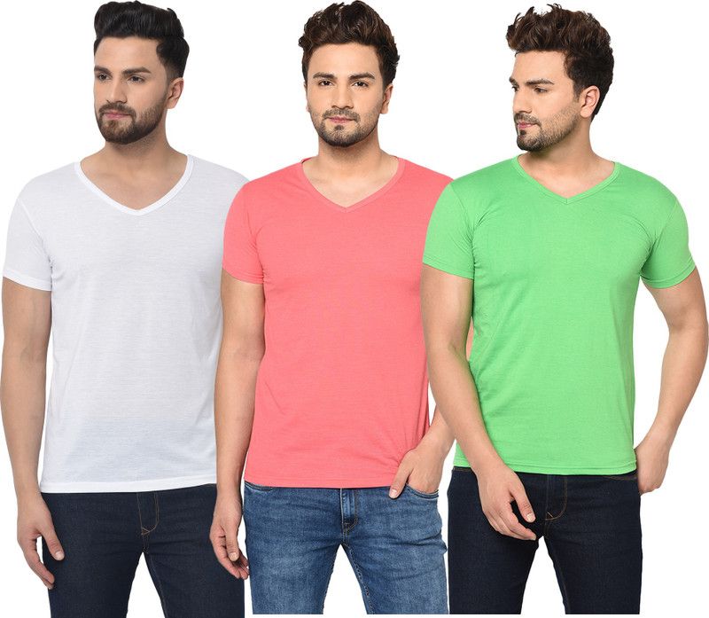 Pack of 3 Men Solid V Neck Cotton Blend Green, White, Pink T-Shirt