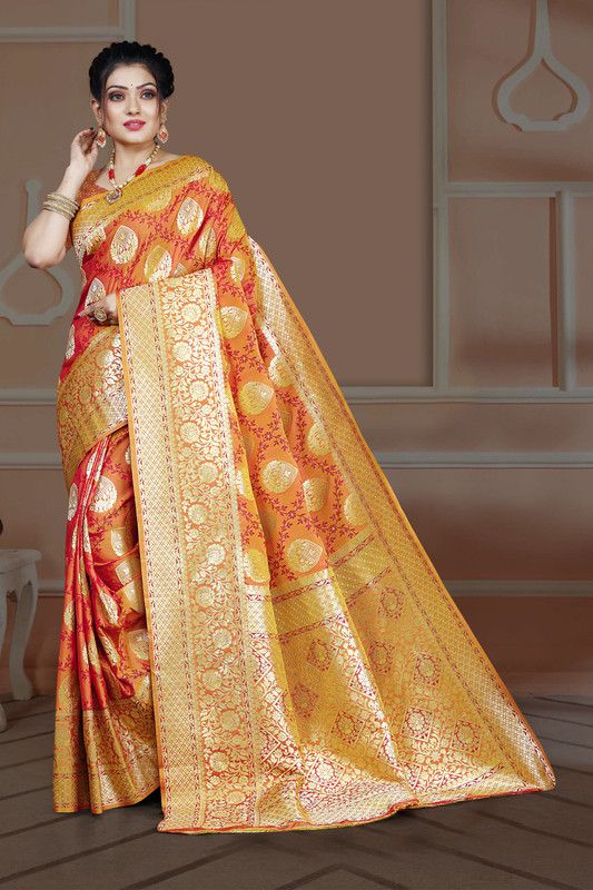 Woven Banarasi Jacquard, Pure Silk Saree  (Red, Orange)
