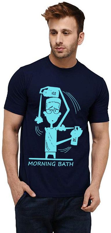 Morning Bath Deo Men Graphic Print Round Neck Pure Cotton Dark Blue T-Shirt