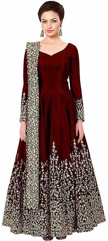 Embroidered Silk Blend Semi Stitched Anarkali Gown  (Maroon)