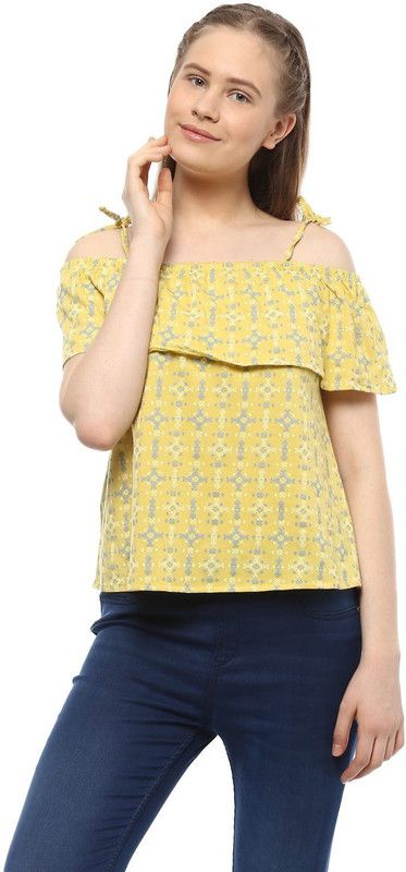 Casual Cape Sleeves Printed Women Yellow Top