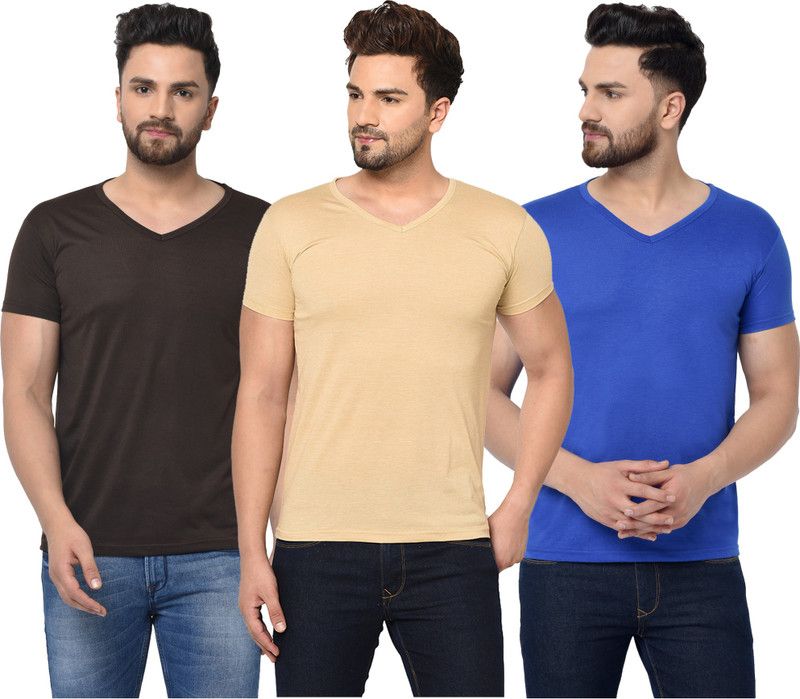 Pack of 3 V neck Combo T-shirts Men Solid V Neck Cotton Blend Blue, Brown, Beige T-Shirt
