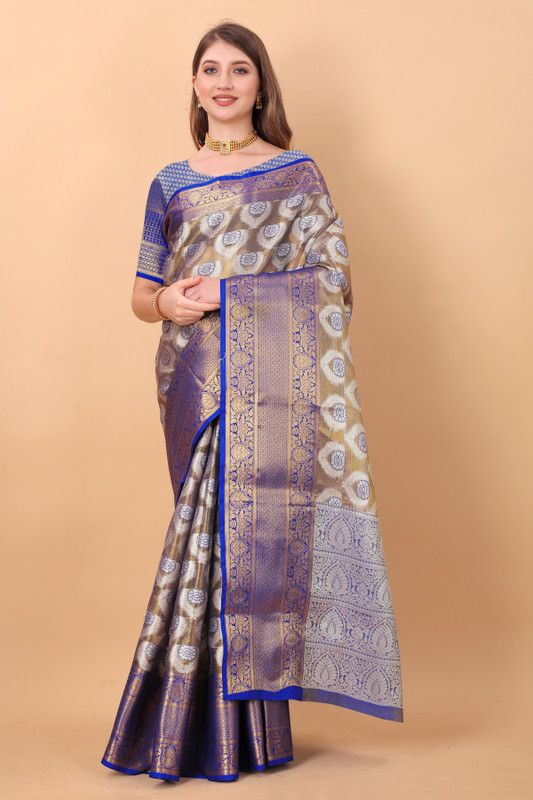 Woven Banarasi Pure Silk, Cotton Silk Saree  (Blue)