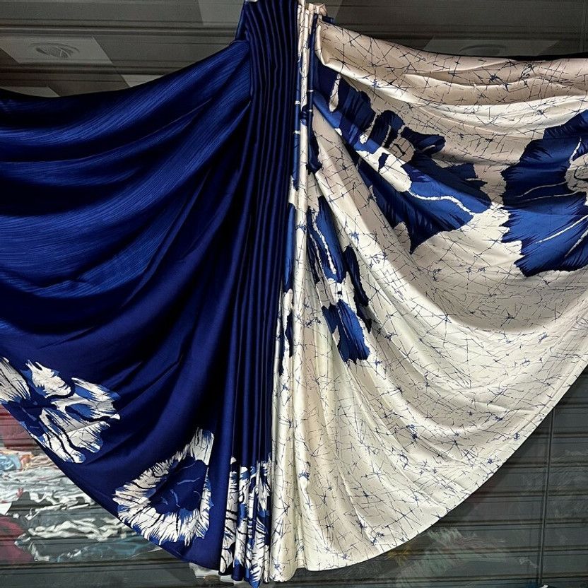 Printed, Solid/Plain, Striped, Woven, Temple Border, Applique, Dyed, Ombre, Paisley, Self Design Konrad Crepe, Art Silk Saree  (Dark Blue)