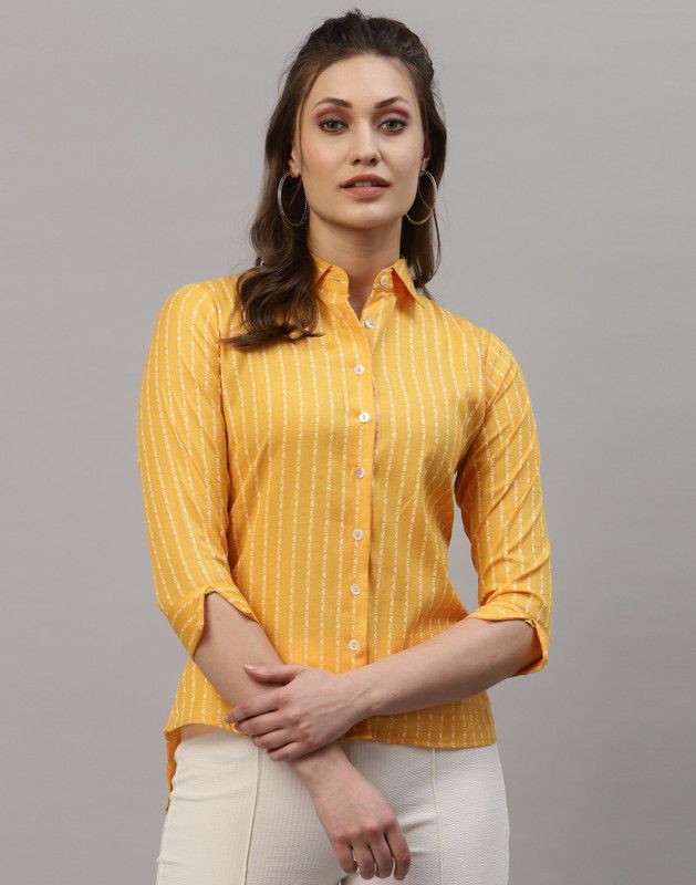 Women Regular Fit Embellished, Woven Design Spread Collar Formal Shirt