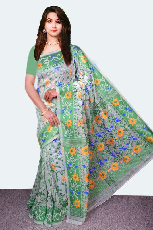 Self Design Jamdani Cotton Silk Saree  (White, Light Green)