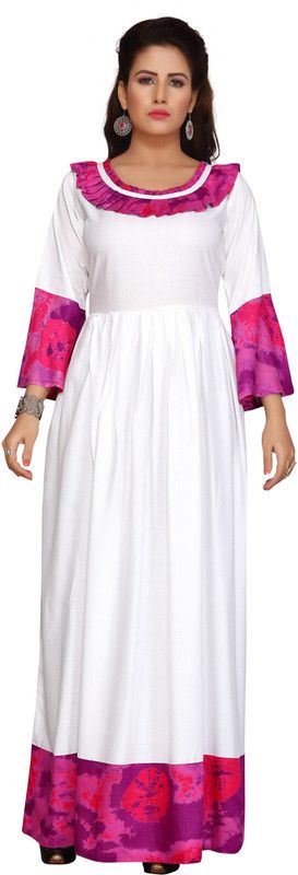 Women Dyed/Ombre Cotton Rayon Flared Kurta  (White)