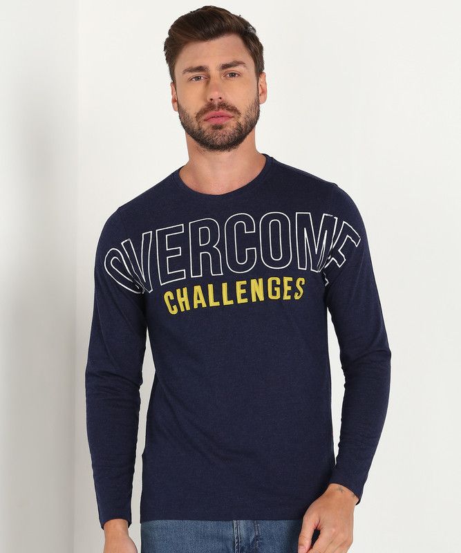 Men Embroidered Round Neck Cotton Blend Dark Blue T-Shirt