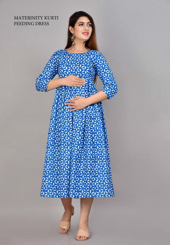 Women Printed Cotton Silk Ethnic Dress  (Blue, White)