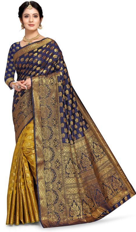 Printed Banarasi Jacquard Saree  (Dark Blue, Light Green)