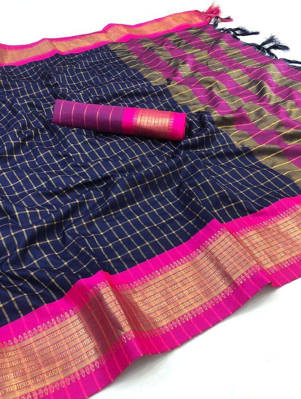 Madurai Cotton Silk Saree  (Blue, Pink)