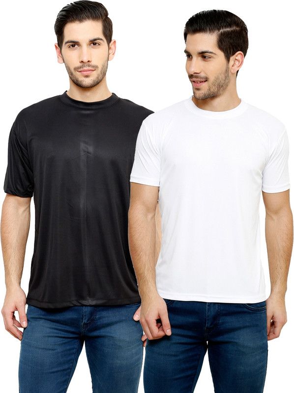 Pack of 2 Men Solid Round Neck Polyester Black, White T-Shirt
