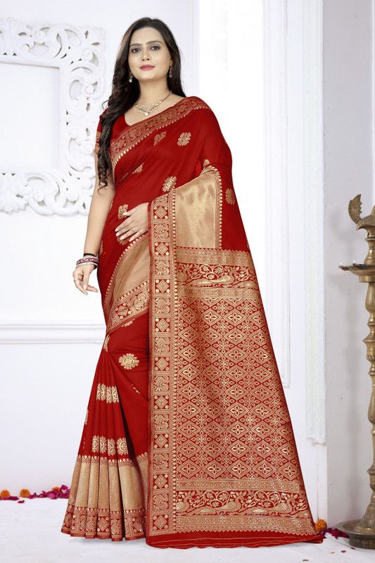 Banarasi Cotton Silk Saree  (Red)