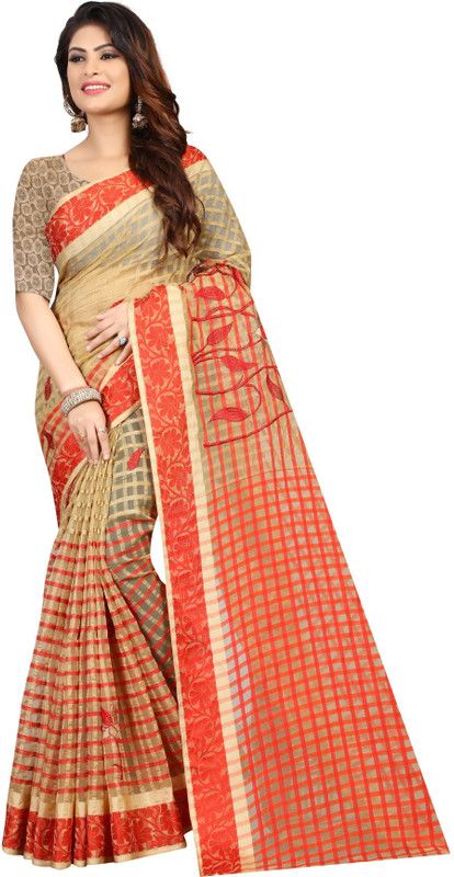 Embroidered, Checkered Bollywood Cotton Blend Saree  (Orange, Beige)