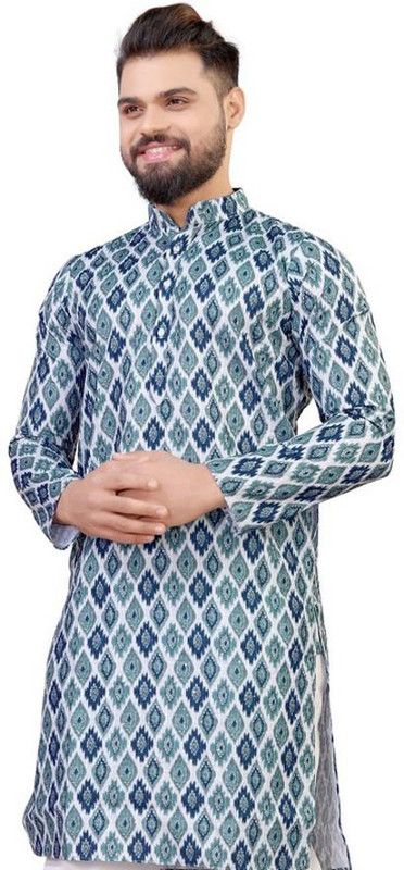 Men Printed Cotton Rayon Straight Kurta  (Blue)