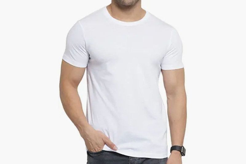 KANE Men Solid Round Neck Cotton Blend White T-Shirt