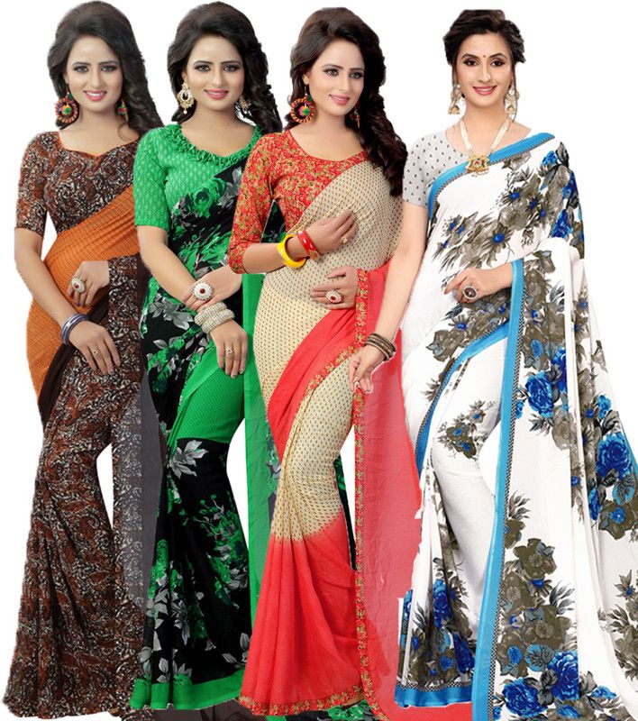 Printed Bollywood Georgette Saree  (Pack of 4, Light Blue, Red, Green, White, Orange)