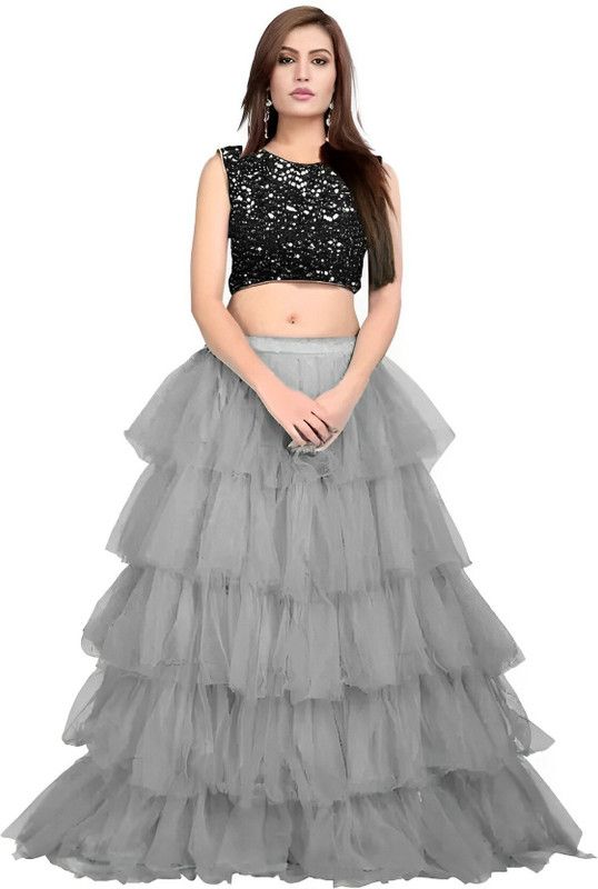 Self Design Semi Stitched Lehenga & Crop Top  (Grey)