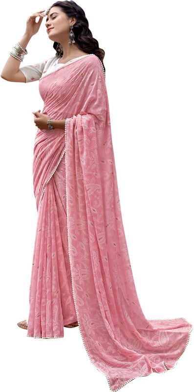 Self Design Bollywood Georgette, Silk Blend Saree  (Pink)